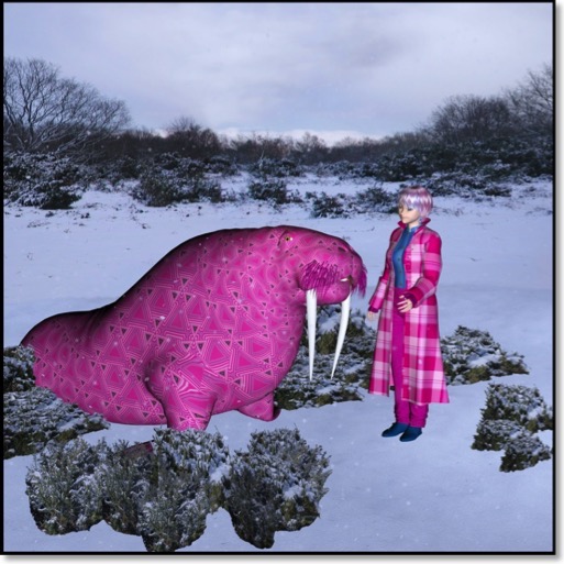 A pink walrus is telling Cynthia fables.