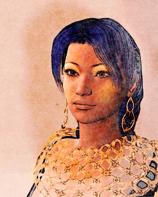 A watercolor sketch of a woman.