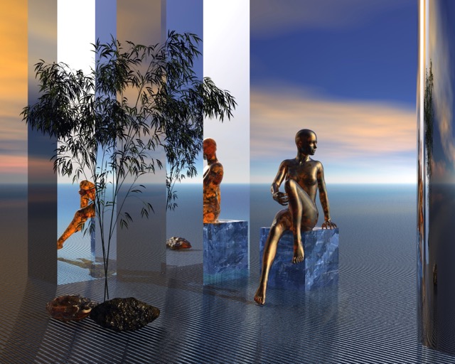 Distracted Woman has a bronze sculpture reflected in mirrors. Created in Bryce.